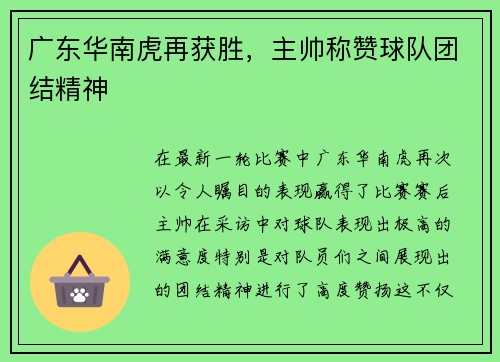 广东华南虎再获胜，主帅称赞球队团结精神