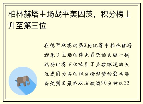 柏林赫塔主场战平美因茨，积分榜上升至第三位