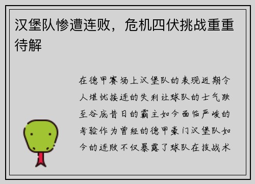 汉堡队惨遭连败，危机四伏挑战重重待解