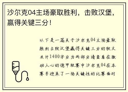 沙尔克04主场豪取胜利，击败汉堡，赢得关键三分！